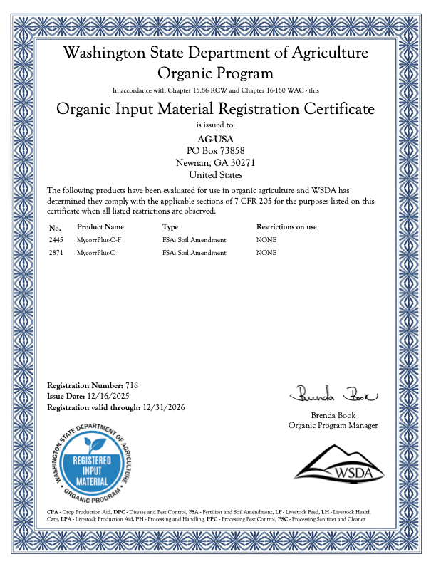 MycorrPlus organic certificate